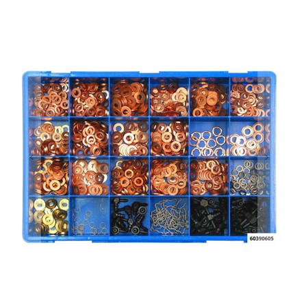 Sortimentlåda tätningsbrickor spridare. 19 olika sorter